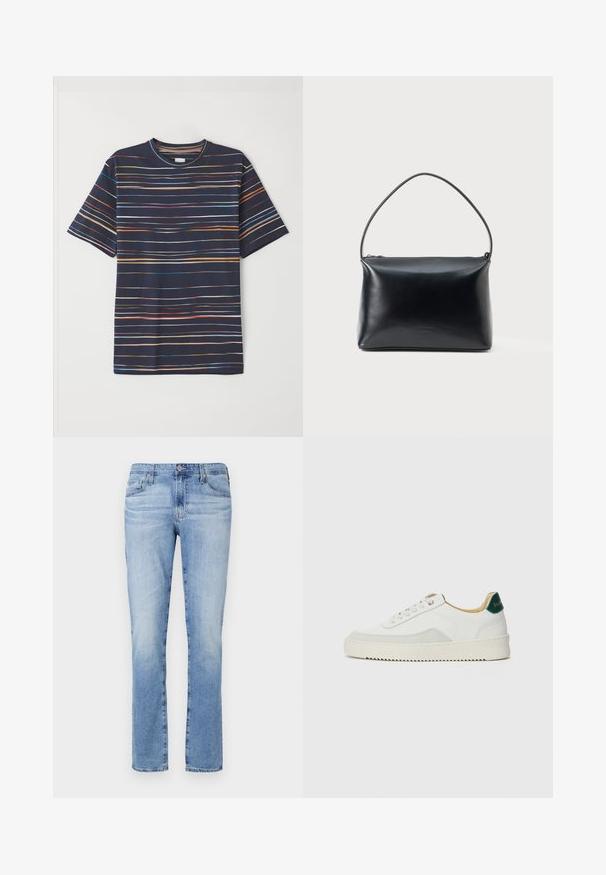 Mornarska majica s kratkimi rokavi, okrašena s horizontalnimi črtami v različnih barvah, okroglim ovratnikom, mehkim materialom in sproščenim krojem.; Svijetloplave traperice ravnog kroja, s kopčanjem na dugme, pet džepova i blagim izbljeđivanjem tkanine.; Bela trenerka z zaključki iz semiša, okroglo konico, ravne vezalke in kremna gumijasta podplata. Ima zeleno blagovno znamko na peti.; Črna gladka usnjena torbica z enim ukrivljenim ročajem in zgornjim zadrgo za zapiranje, prikazana na enostavni beli podlagi.