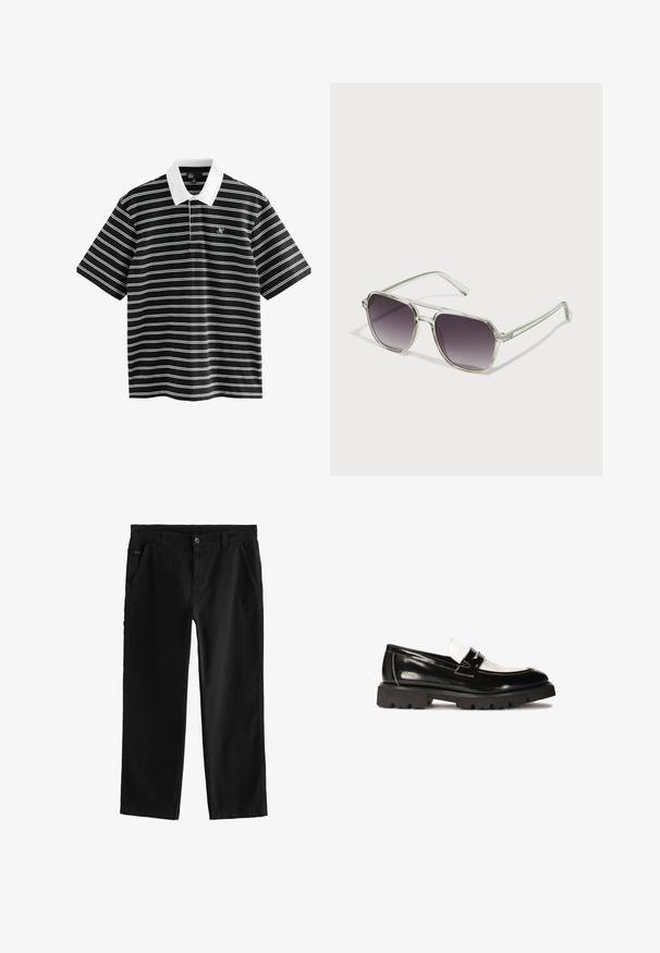 Schwarz-weiß gestreiftes Poloshirt mit kragen in einfarbigem Weiß und kurzen Ärmeln. Verfügt über ein kleines Logo auf der linken Brust.; Schwarze Baumwollhose mit geradem Bein, ausgestattet mit einem vorderen Knopfverschluss, schrägen Seitentaschen und dezenten Nähten.; Schwarze Lackleder Slipper mit einem weißen Lederakzent, dicker Gummisohle mit schwarzem Profil und gesteppten Details. Glatte Textur mit glänzendem Finish.; Klarsicht-Sonnenbrille mit quadratischer Form und Verlaufsgrauen Gläsern. Schlanke silberne Akzente an den Bügeln sorgen für Details.