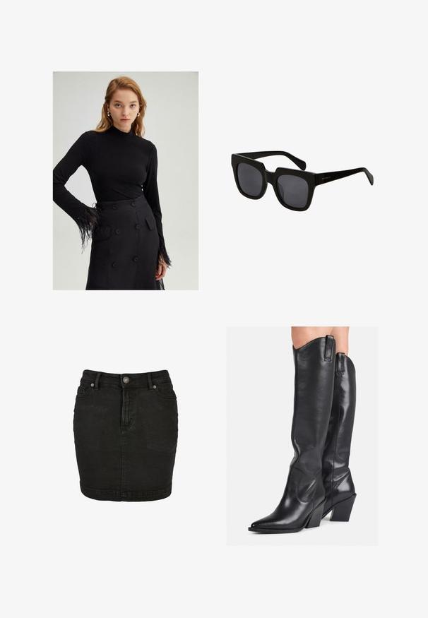 Svart långärmad topp med hög krage och fjäderdetaljer på ärmsluten, tillsammans med en högmidjad svart kjol med stora knappar.; Svart denimkjol med rak skärning, femficksdesign, knappstängning framtill och subtila blekningar för en texturerad look.; Svarta läderstövlar i knähöjd med spetsig tå, böjd skaft och kraftig klack. Har en slät yta och dragflikar på toppen.; Svarta rektangulära solglasögon med tjocka plastbågar och mörka linser. Bågarna är slanka med en glänsande yta och minimal märkning.; Svart läderhandväska med en böjd design, hårdvara i guldton, och ett handtag ovanpå. Har en snygg stängning och en mjuk yta.