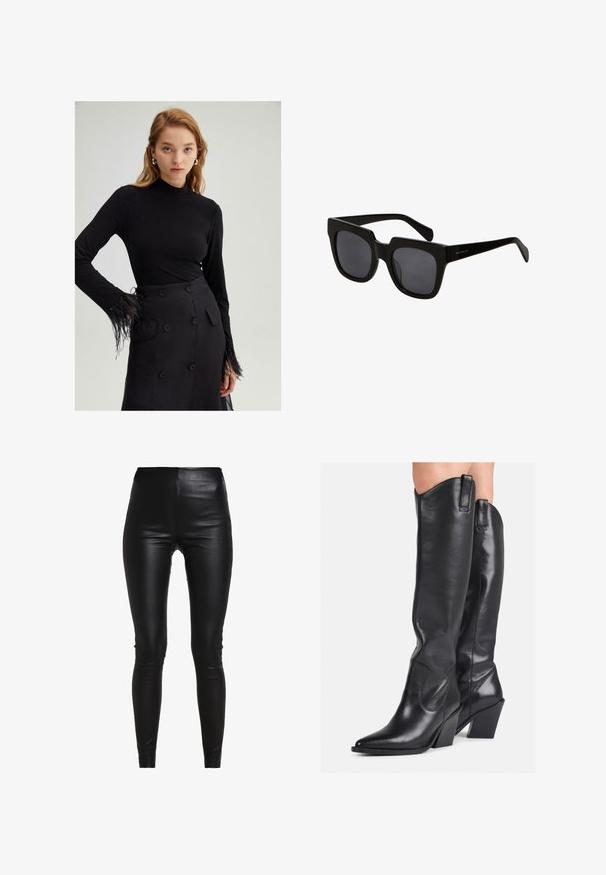 Črna dolgosleeve majica z umetno ovratnikom in pernatimi poudarki na manšetah, v kombinaciji z visoko pasom črno krilo z velikimi gumbi.; Črne legice iz umetnega usnja z visokim pasom, prilegajočim se krojem, gladko teksturo ter brez vidnih šivov ali okrasitev.; Črne usnjene škornje do kolen s koničastim nosom, ukrivljenim steblom in debelim petkom. Imajo gladko teksturo in ušesca na vrhu.; Črne pravokotne sončna očala z debelimi plastičnimi okvirji in temnimi lečami. Ročaji so elegantni s sijočo površino in minimalnim blagovnim znakom.; Črna usnjena torba s ukrivljeno zasnovo, z zlatimi dodatki in zgornjim ročajem. Ima eleganten zapirni mehanizem in gladko teksturo.