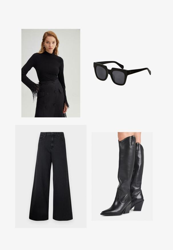 Top negro de manga larga con cuello alto y acentos de plumas en los puños, combinado con una falda negra de cintura alta con grandes botones.; Vaqueros de mezclilla anchos y negros con cintura alta y cierre frontal de botones, mostrados sobre un fondo liso.; Botas de cuero negras hasta la rodilla con puntera puntiaguda, caña curvada y tacón grueso. Presentan una textura suave y tiradores en la parte superior.; Gafas de sol rectangulares negras con montura de plástico grueso y lentes oscuros. Las varillas son elegantes con un acabado brillante y una marca mínima.; Bolso de mano de cuero negro con un diseño curvado, herrajes en tono dorado y un mango superior. Presenta un cierre elegante y una textura suave.