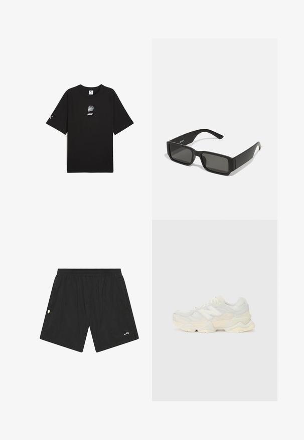 Crna kratka majica s kratkim rukavima od pamuka, sa grafičkim otiskom trkaće kacige i logotipa sprijeda te malim logotipom na rukavu.; Crne atletske kratke hlače izrađene od lagane tkanine, s elastičnom waistbandom, bočnim džepovima i malim logotipom na donjem prednjem dijelu.; Lagana tenisica s gornjim dijelom od mrežice i antilopa u blagim krem tonovima, srobustnom potplatom i trodimenzionalnim detaljima.; Crne sunčane naočale s pravokutnim lećama, okvirom od mat plastike i ravnim rubovima. Sadrži logo branda na unutarnjoj strani drške.
