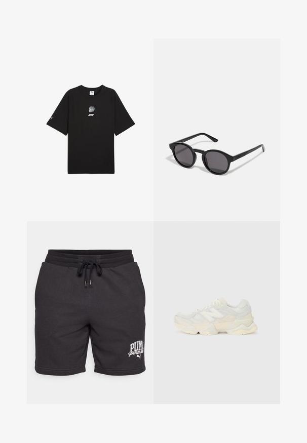 Musta lyhythihainen T-paita, joka on valmistettu puuvillasta. Edessä on graafinen printti kilpapyöräilykypärästä ja logosta, sekä pieni logo hihassa.; Mustat puuvillashortsit, joissa on kiristysnauha vyötäröllä, sivutaskut ja painettu "PUMA sports club" -logo. Pehmeä texture ja rento muotoilu.; Kevyt lenkkari, jossa on verkko- ja mokkanahkapinta pehmeissä kerman sävyissä, chunky-pohja ja kolmiulotteiset yksityiskohdat.; Mustat aurinkolasit, joissa on pyöreä, hieman aaltoileva kehys, tummat linssit ja suorat mustat varret. Sileä, kiiltävä pinta ilman näkyviä kuvioita.