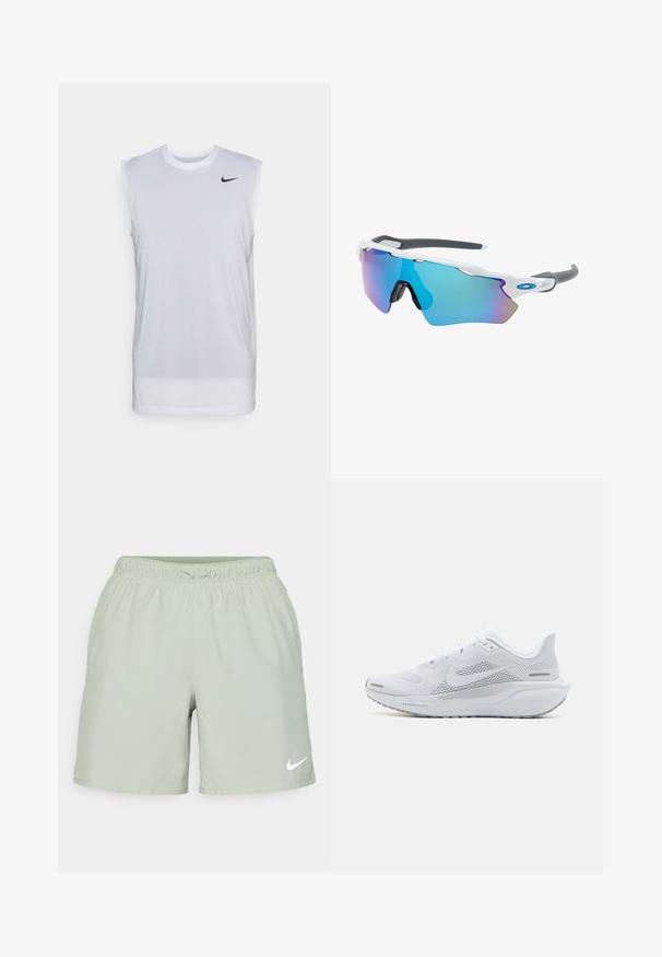 Camiseta atlética sin mangas blanca hecha de material ligero. Presenta un cuello redondo y un pequeño logo negro de Nike en la parte superior izquierda.; Nike Performance CHALLENGER SHORT - Pantalón corto de deporte - jade horizon/medium olive/black/reflective silver; Zapatilla deportiva blanca con parte superior de malla, sobrecapas de textura suave, acentos en gris, cordones y una suela acolchada diseñada para el rendimiento.; Gafas de sol con montura blanca, detalles grises y lentes espejados azules. Diseño deportivo, forma envolvente y almohadillas para la nariz ajustables.