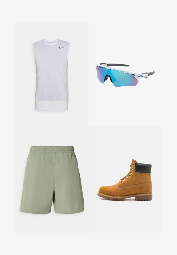 Vit ärmlös träningsshirt gjord av lättviktigt material. Har en rund halsringning och en liten svart Nike-logotyp på övre vänstra sidan.; Nike Performance UNLIMITED - Träningsshorts - dark stucco; Tan mockasins ankelstövlar med svart vadderad krage, guldmetallöglor, vit sömdekor och slitstöt gummisula med utmärkta mönster.; Solglasögon med vit ram, grå detaljer och blå spegelglas. Sportig design, omslutande form och justerbara näskuddar.