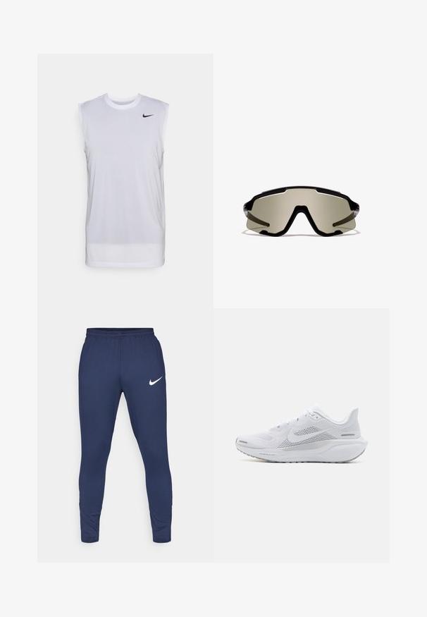 Bijela atletska majica bez rukava napravljena od laganog materijala. Ima okrugli izrez i mali crni Nike logo na gornjem lijevom dijelu.; Nike Performance STRIKE PANT - Donji dijelovi trenirke - obsidian/white; Bijela sportska cipela s mrežastim gornjim dijelom, glatkim dekoracijama, sivim detaljima, vezicama i obloženom potplatom dizajniranom za performanse.; Crne sportske sunčane naočale s velikim zakrivljenim lećama zelenkaste nijanse, s kutnim dizajnom i prozirnim bočnim detaljima. Marka je vidljiva na vrhu.
