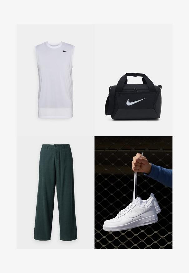 Bílé bezrukávové sportovní tričko vyrobené z lehkého materiálu. Má kulatý výstřih a malé černé logo Nike v levém horním rohu.; Zelené kordové kalhoty s širokými nohavicemi a rovný střih; mají zapínání na knoflík a dvě boční kapsy. Texturovaná, žebrovaná látka.; Bílé kožené tenisky s perforacemi, kulatou špičkou, plochou podrážkou a silnými tkaničkami, které mají viditelné logo swoosh a nápis "AIR" na patě.; Černá sportovní taška z hladké tkaniny, se dvěma zipovými přihrádkami, polstrovanými rukojeťmi a velkým bílým logem Nike na přední straně.