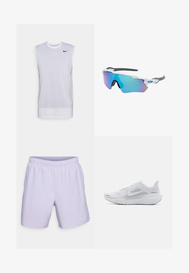 Witte mouwloze sportshirt gemaakt van lichtgewicht materiaal. Heeft een ronde halslijn en een klein zwart Nike-logo aan de bovenlinkerkant.; Lichtpaarse sportshorts met een elastische tailleband, zijzakken en een reflecterend Nike-logo aan de onderkant links. Glad, lichtgewicht materiaal.; Witte sportieve schoen met een mesh bovenwerk, gladde textuur overlays, grijze accenten, veters en een gevoerde zool ontworpen voor prestaties.; Zonnebril met een wit frame, grijze accenten en blauwe spiegelglazen. Sportief ontwerp, omhulde vorm en verstelbare neuspads.