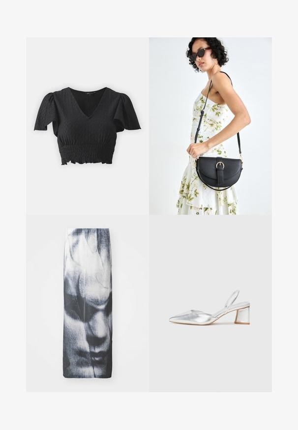 Crna skraćena majica s kratkim napuhanim rukavima, V-izrezom i teksturiranim materijalom. Ima smockirani struk i volanasti rub.; Crna i bijela duga suknja koja ima grafički otisak lica, s glatkom teksturom i prilagođenim siluetom.; Srebrna metalik visoka potpetica sa špicastim vrhom i otvorenom stražnjom dijelu. Ima trokutastu blok potpeticu i glatku teksturu.; Crna kožna torba s lukovitim oblikom, odvojivim remenom i zlatnim detaljima. Torba ima preklop s kopčom.