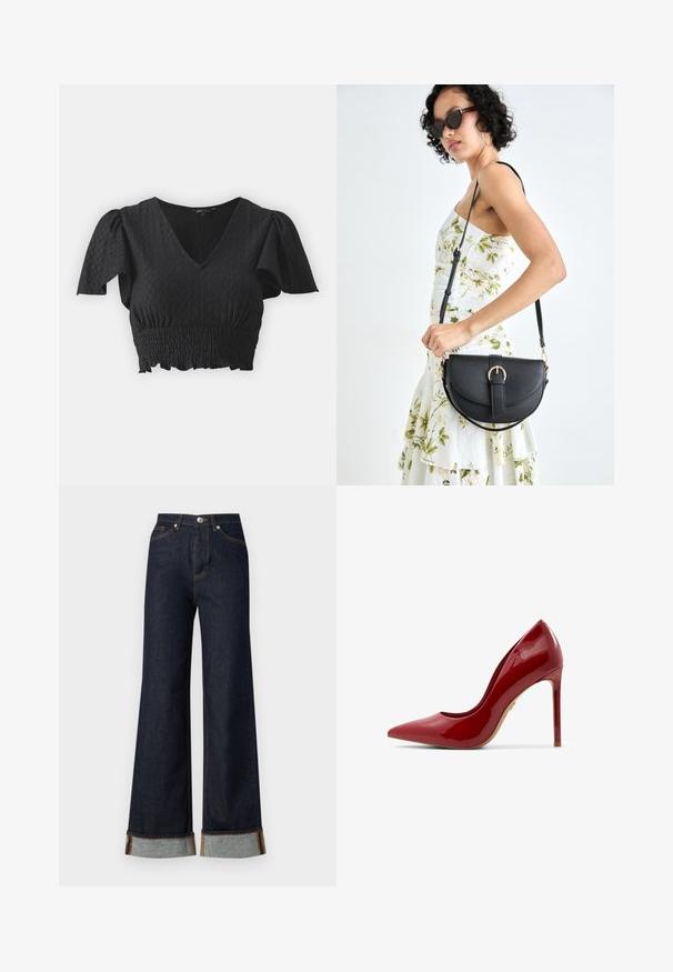 Sort cropped top med korte pufærmer, V-hals og struktureret stof. Har en smocked talje og en flæsekant.; Vero Moda VMTESSA WIDE FOLD UP - Wide leg - dark blue denim; Rød laklæder sandale med høj hæl, spids tå, glat overflade og en slank stiletto-hæl med en beige sål.; Sort læderhåndtaske med en buet form, aftagelig rem og guldfinish. Tasken har en klap med en spænde detalje.