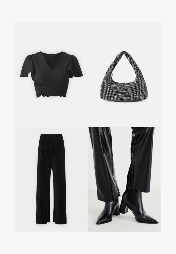 Čierny crop top s krátkymi puff rukávmi, výstrihom do V a štruktúrovanou látkou. Obsahuje naťahovaciu pásku v páse a volánový lem.; Čierne plisované nohavice s elastickým pásom. Majú široké nohavice a hladkú, textúrovanú látku s vertikálnymi pruhmi.; RAID NEMMA - Klasické členkové čižmy - black metallic; Čierna taška s krivým, hobo tvarom, textúrovaná tkanina s kovovými nitmi. Jediná horná rukoväť, zipsové uzavretie a mäkký silueta.