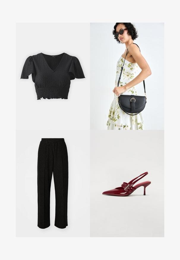 Top noir court avec des manches bouffantes courtes, décolleté en V et tissu texturé. Présente une taille smockée et un ourlet à volants.; Pantalons larges noirs avec des rayures verticales blanches, dotés d'une taille élastique pour le confort et d'une texture lisse et douce.; Escarpins slingback en cuir verni rouge avec un bout pointu, deux brides à boucle et un talon aiguette slim de hauteur intermédiaire. Texture lisse.; Sac à main en cuir noir avec une forme courbée, bandoulière amovible et des accessoires en or. Le sac est doté d'un rabat avec un détail de boucle.