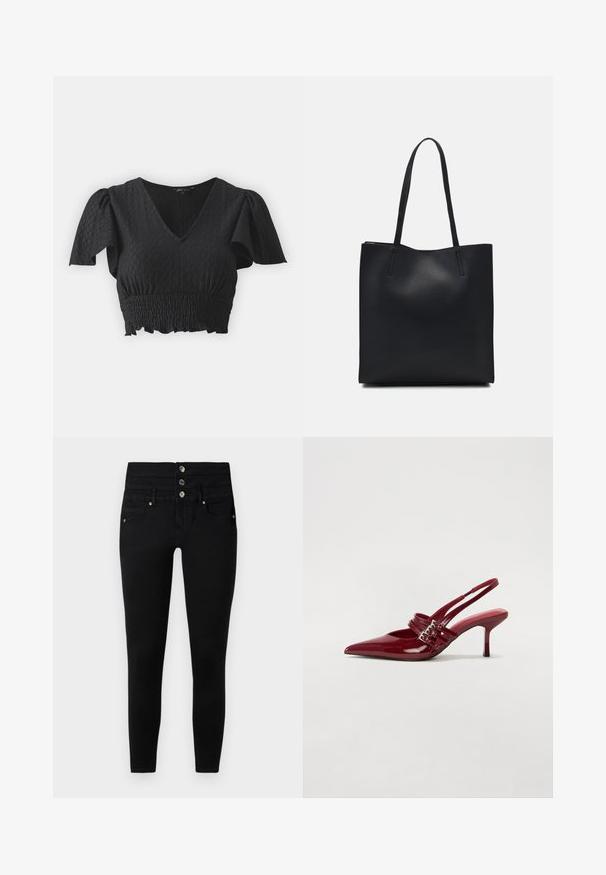Črn skrajšan top z kratkimi napihnjenimi rokavi, V-izrezom in teksturirano tkanino. Opremljen je z gubanim pasom in nabrano spodnjim robom.; Črne ozke kavbojke z visokim pasom, ki vključujejo tri srebrne gumbe, dve sprednji žepki in gladko, elastično teksturo tkanine.; Rde lakirane sandalete na peto s ostrim nosom, dvema sponkami in tanko, srednje visokim peto središče. Gladka tekstura.; Črna usnjena torba s svilnato teksturo, pravokotne oblike in dvema dolgima ročajema. Brez vidnih metalnih delov ali okrasnih elementov.