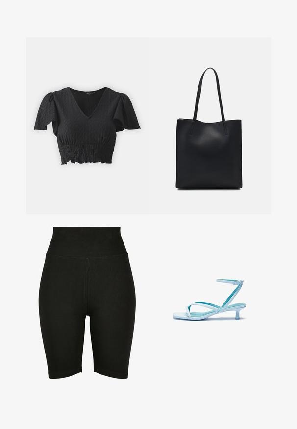 Top corto negro con mangas cortas abullonadas, escote en V y tejido texturizado. Presenta una cinturilla fruncida y un dobladillo con volantes.; Pantalones cortos de bicicleta negros de tiro alto hechos de tela elástica, con una textura suave y dobladillo cosido, diseñados para comodidad y libertad de movimiento.; Sandalia de tiras en azul claro con punta cuadrada, tacón bajo, correa de tobillo ajustable y acabado suave y brillante. Tiras cruzadas en la plantilla.; Bolso tote de cuero negro con textura lisa, forma rectangular y dos asas largas. Sin herrajes ni adornos visibles.