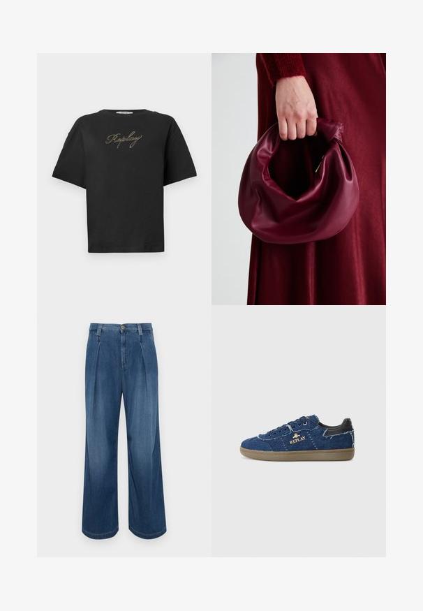 Black short-sleeve T-shirt with gold cursive "Replay" logo centered on the chest, displayed on a plain white background.; Wide-leg denim trousers in medium blue wash. Features a button closure, two front pleats, and contrasting stitching. Soft texture and smooth finish.; Replay PYPER - Trainers - blue; Burgundy leather handbag with a soft, gathered design and a rounded shape. The handle is secured, showcasing a smooth texture.