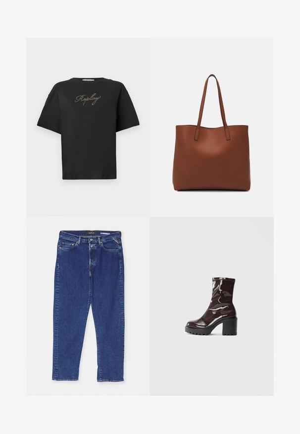 Musthave musthavi lühikese varrukaga must T-särk, millel on kuldne kursiivne "Replay" logo rinnal, esitatud lihtsal valgel taustal.; Tumed sinised denim teksad sirge lõikega, varustatud nööbiväega, viie tasku ja peente tikanditega õmbluste ääres.; Klakav läikiv burgundi värvi pahkluu saabas, millel on paks must konts, sile tekstuur ja lihtne disain. Nähtavad kinnitused või mustrid puuduvad.; Pruun nahast tote-kott, millel on sile tekstuur, avatud ülaosa disain ja kaks õlarihma. Omab minimaalset õmblust ja nähtavat riistvara ei ole.