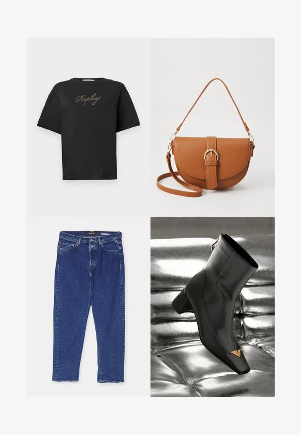 Melnas īsām piedurknēm T-krekls ar zeltītu rokrakstā "Replay" logotipu centrā uz krūtīm, attēlots uz vienkārša baltā fona.; Tumši zili džinsu bikses ar taisnu piegriezumu, satur pogu aizdari, piecas kabatas un smalkus šuvumu detalizējumus gar šuvēm.; Melnas ādas potītēm paredzētas zābaki ar kvadrātveida purngalu, zelta trīsstūra akcentu un vidējas augstuma papēdi. Gluda tekstūra uz spīdīga sudraba fona.; Brūns ādas plecu soma ar izliekta formu, zelta piederumiem un sprādzes akcentu. Iesaiņota ar noņemamu plecu siksnu.