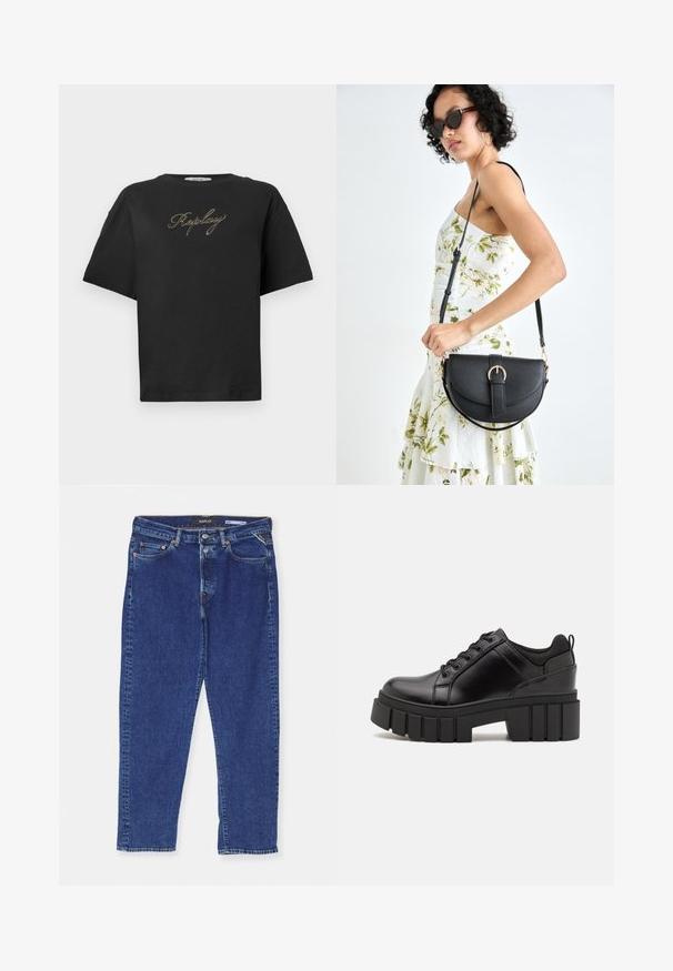 Juodas trumpomis rankovėmis marškinėliai su auksiniu užrašu "Replay" kursyvu, įsikūrusiu krūtinės centre, rodomi ant paprasto balto fono.; Tamsiai mėlyni džinsai su tiesiu kirpimu, su sagčių užsegimu, penkiais kišenėmis ir subtiliais siuvinėti akcentais siūlėse.; Juodi odiniai platformos batai su masyviu blokuota kulniuku, apvalia nosimi ir tradiciniu šnypštimo dizainu. Turintys glotnų paviršių ir minimalų dekoravimą.; Juodas odinis krepšys su išlenkta forma, nuimamu dirželiu ir auksiniais detalėmis. Krepšys turi kilpą su sagtimi.