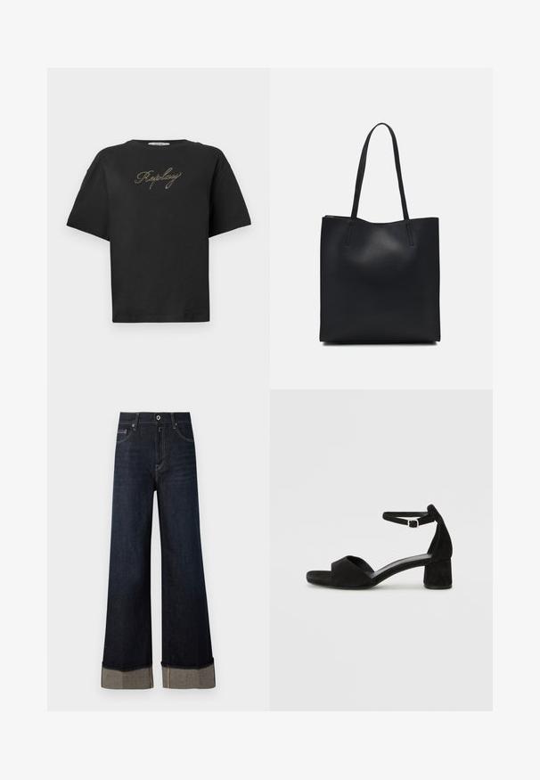 Črna majica s kratkimi rokavi z zlatim besedilom "Replay" v kurativnem pisavi, centrirano na prsih, prikazana na enostavni beli podlagi.; Temno modri hlače z visokim pasom in širokimi nogavicami z nepravilnim robom, s svetlo rjavimi šivi in prepogibom, ki razkriva kontrastno blago.; Črne zamshe sandale na peto z tankim trakom okoli gležnja, odprto konico in zmerno blok peto. Gladka tekstura in minimalni detajli.; Črna usnjena torba s svilnato teksturo, pravokotne oblike in dvema dolgima ročajema. Brez vidnih metalnih delov ali okrasnih elementov.
