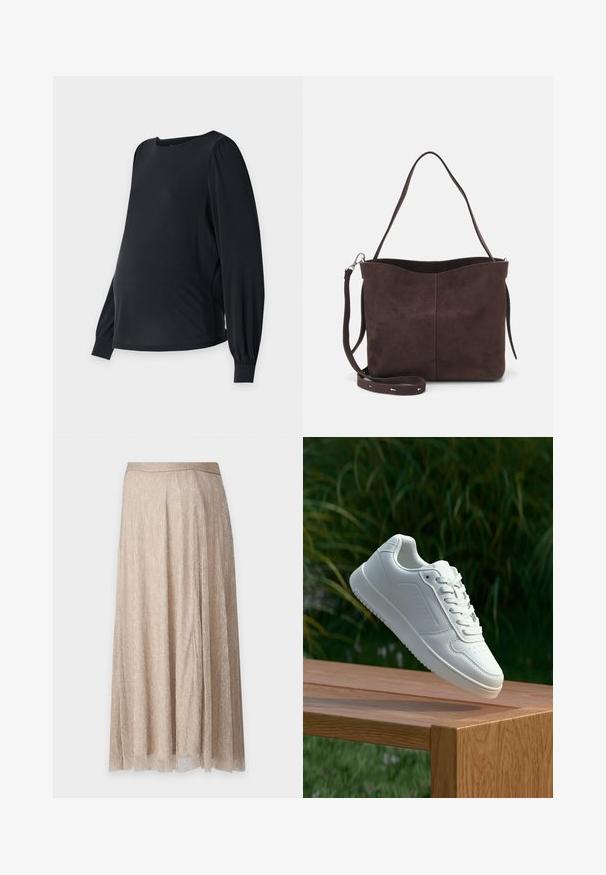 Top di maternità nero con maniche lunghe a sbuffo, scollatura rotonda e vestibilità ampia. Realizzato in un tessuto liscio e morbido per il massimo comfort.; Gonna plissettata beige con finitura lucida, caratterizzata da una vita larga e un tessuto fluente che scende sotto il ginocchio. Superficie testurizzata con una leggera luminescenza.; Sneaker bianco con tomaia in sintetico liscio, punta perforata, lacci piatti e suola testurizzata, esposto su una superficie di legno.; Borsa a spalla in suede marrone con una texture morbida, caratterizzata da una singola tracolla e un'apertura superiore leggermente curvata. Nessun dettaglio hardware visibile.