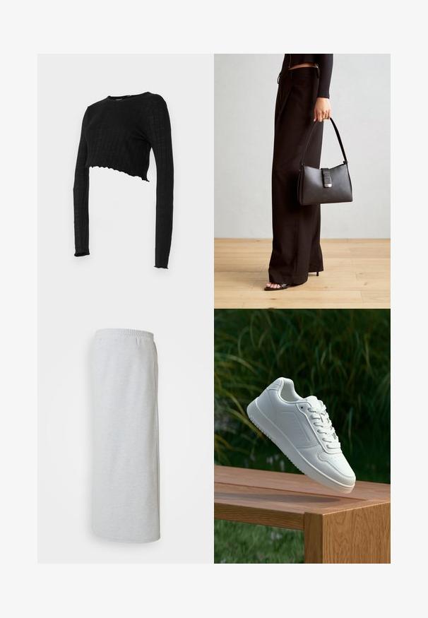 Crni skraćeni top dugih rukava s rebrastom teksturom i valovitom obrubom. Glatka tkanina bez uzoraka, s okruglim izrezom.; Svijetlosiva dukserica od mekanog pamuka, s elastičnom trakicom u struku, bočnim džepovima i dugim, ravnim krojem.; Bijela tenisica sa glatkim sintetičkim gornjim dijelom, perforiranim prednjim dijelom, ravnim vezicama i teksturiranom potplatom, prikazana na drvenoj površini.; Crna torba s oblikom koji sadrži strukturu, glađu teksturu i metalnu kopču. Uparena s širokim crnim hlačama i sandalama na otvorenom s drvenog poda.