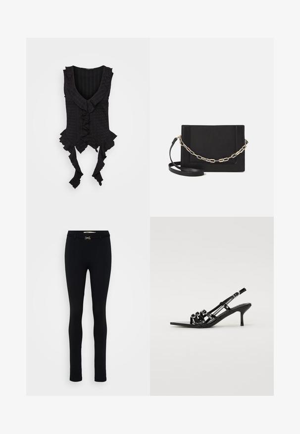 Juodas be rankovių marškinėlis su giliu V formos iškirpimu, su raukiniais ir surišimu apatinėje dalyje. Audinys su tekstūra ir subtiliu raštu.; Juodos, pritaikytos tamprės su lygiu paviršiumi. Prigludusi forma, su auksiniu akcentu juosmens srityje. Nėra matomų kišenių.; Juodi slingback aukšti kulniukai su smailiu padu, su daugybe siaurų dirželių ir apvalių akcentų priekyje.; Juodas odinis per petį nešiojamas krepšys turi lygų paviršių, stačiakampio formą ir metalinę grandinėlę priekyje. Pridedama reguliuojama dirželis.