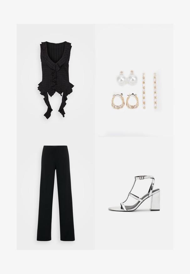Fekete ujjatlan felső mély V-nyakkal, fodros széllel és megkötővel az alján. Texturált anyag, finom mintázattal.; Vero Moda Tall VMBERLIN ZAMIRA WIDE - Nadrágok - black; Ezüst fémes magas sarkú szandál T-pántos dizájnnal, állítható bokapánttal és tömbsarkal, sima, fényvisszaverő felülettel.; Három fülbevalópár: nagy fehér gyöngy fülbevalók, arany karika fülbevalók, tiszta drágakövekkel, és két hosszú, egyenes arany akcentus fülbevaló csillogó részletekkel.