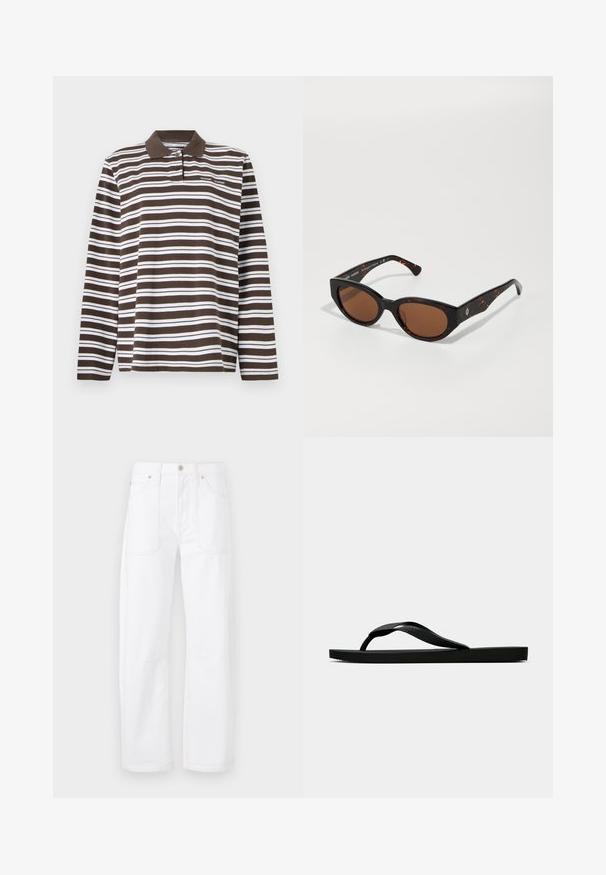 Samsøe Samsøe SADOVER - Long sleeved top - turkish coffee; White denim pants with straight leg design, contrasting orange stitching, five pockets, and a button and zipper closure.; Black rubber flip-flop sandal with a textured thong strap and simple flat sole, shown from side on a plain light background.; Black tortoiseshell sunglasses with brown lenses, angular design, and wide arms featuring a subtle logo detail. Smooth plastic texture.