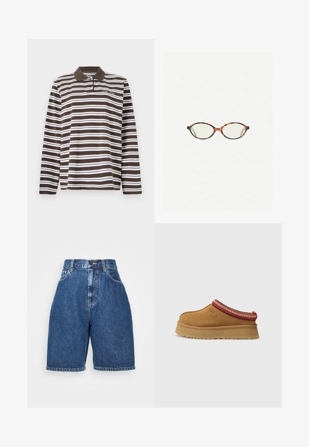 Samsøe Samsøe SADOVER - Maglietta a manica lunga - turkish coffee; Shorts in denim con vita alta, di colore blu scuro. Caratterizzati da un classico stile a cinque tasche, taglio dritto e orlo piegato. Materiale in cotone.; Scarpa slip-on in suede marrone con bordi a motivo rosso e crema, suola testurizzata e logo UGG di lato. Presenta un leggero rialzo della suola.; Occhiali in tartaruga con lenti ovali e una finitura liscia e elegante. Presentano aste sottili con una leggera curva alle tempie. Lenti trasparenti.