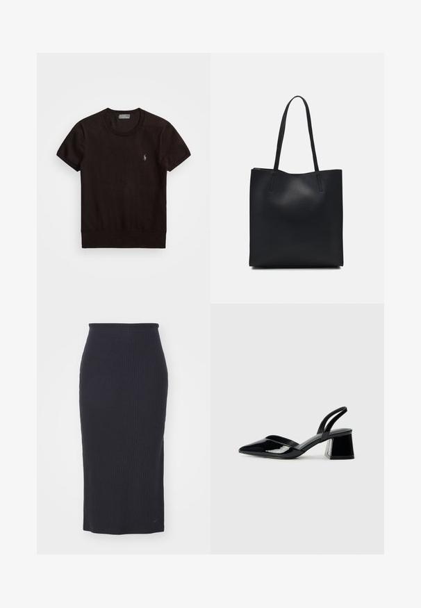 T-shirt preta de mangas curtas feita de um tecido suave, apresentando um decote redondo e um pequeno logotipo bordado no lado esquerdo do peito.; Nike Sportswear SKIRT - Saia lápis - black; Sandy em verniz preto com salto slingback, ponta afilada e salto geométrico. Apresenta um design elegante e minimalista com textura suave.; Bolsa tote preta em couro com textura lisa, forma retangular e duas alças longas. Sem hardware ou enfeites visíveis.