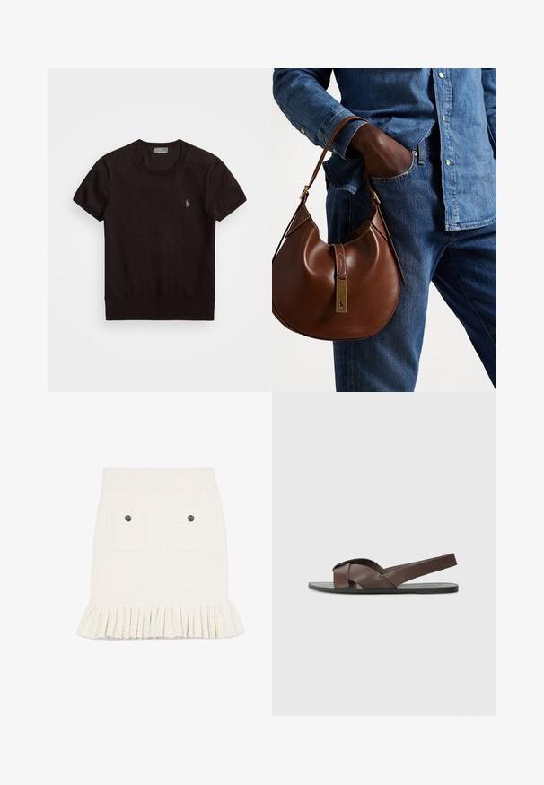 Czarny krótki t-shirt z miękkiej tkaniny, z okrągłym dekoltem i małym haftowanym logo na lewej piersi.; Biała spódnica o textured wykończeniu z falbaną na dole, z dwoma przednimi kieszeniami i ciemnymi guzikami jako akcentami. Materiał ma subtelny wzór kratki.; Brązowe skórzane sandały z krzyżowym paskiem, płaską czarną podeszwą oraz regulowanym tylnym paskiem. Gładka faktura i minimalna ilość detali metalowych.; Brązowa skórzana torba na ramię o luźnym fasonie, ze złotymi elementami i kontrastującym białym przeszyciem, trzymana przez osobę ubraną w dżins.