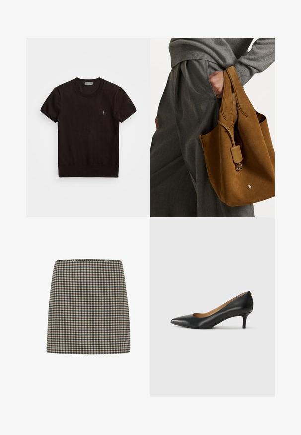 Czarny krótki t-shirt z miękkiej tkaniny, z okrągłym dekoltem i małym haftowanym logo na lewej piersi.; Spódniczka mini w kratę w kolorze czarnym, brązowym i kremowym. Ustrukturyzowany fason z wysokim stanem. Miękka faktura tkaniny z jednolitym wzorem siatki.; Czarne skórzane szpilki z wąskim noskiem, niskim obcasem i gładką fakturą. Posiadają lekko otwarte przody i minimalne okucia z tyłu.; Brązowa torebka typu tote z zaokrąglonym kształtem, podwójnymi uchwytami i metalowym akcentem. Z przodu znajduje się małe logo.