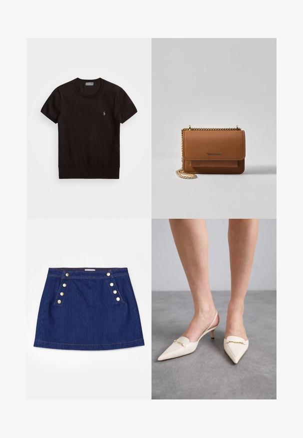 Juodas trumpomis rankovėmis marškinėliai, pagaminti iš minkštos medžiagos, su apvalia iškirpte ir mažu išsiuvinėtu logotipu kairiajame krūtinės kampe.; FRAME SAILOR SNAP SKIRT - Džinsinis sijonas - celestine; Kremo spalvos, smailėtų pirštų slingback aukštakulniai su plonu vidutinio aukščio kulnu, kurių priekyje yra auksinė grandinė ir švelni odos tekstūra.; Ruda tekstūruota odinė per petį nešama rankinė su auksiniu grandininiu dirželiu ir užlenkiamo užsegimo. Priekinėje pusėje yra logotipo detalė ir kišenė po užlenkimu.