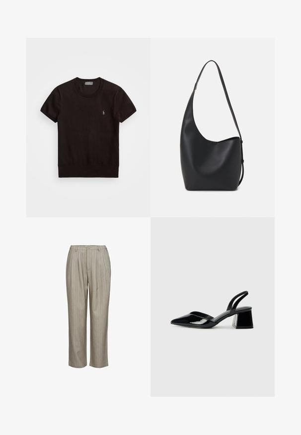 Fekete, rövid ujjú póló, puha anyagból, kerek nyakkivágással és egy apró hímzett logóval a bal mellen.; Világosszürke, pliszírozott nadrág függőleges csíkokkal, texturált anyagból készült. Egygombos derékpántja és egyenes szárú kialakítása van.; Fekete lakk bőr szandálkés magas sarkú cipő, hegyes orral és geometrikus tömbsarkakkal. Karcsú, minimalista dizájn és sima textúra jellemzi.; Fekete bőr hobo táska sima textúrával, ívelt formával és egyetlen állítható pánttal; széles nyílás található a tetején.