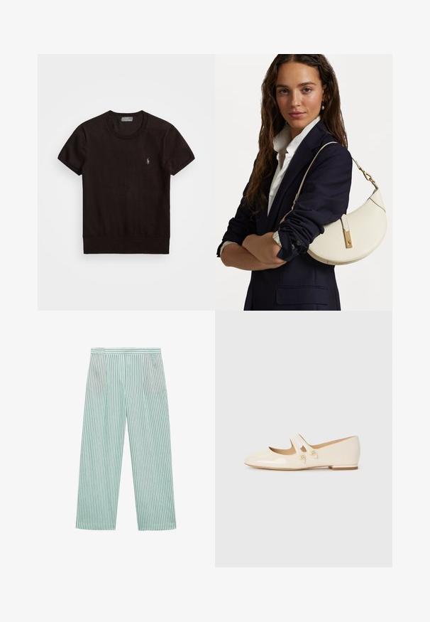 Črna majica s kratkimi rokavi, izdelana iz mehkega materiala, z okroglim izrezom in majhnim vezenim logotipom na levem prsnem delu.; Svetlozeleni široki hlače s vertikalnimi temnimi črtami, elastičnim pasom in gladko teksturo. Brez žepov ali dodatnih okrasitev.; Ivory patent usnjeni baletni čevlji s dvema dekorativnima trakama in zlatimi gumbi, z zaobljenim prstom in nizko blok peto.; Bela usnjena torbica s ukrivljeno obliko, z zlatimi dodatki in teksturirano površino, nošena čez temen blazer in belo srajco.