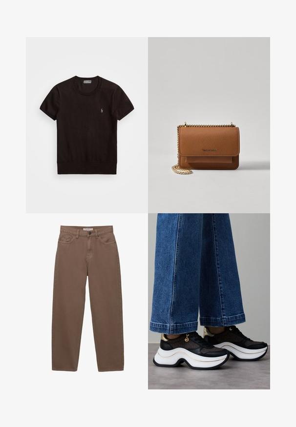 Fekete, rövid ujjú póló, puha anyagból, kerek nyakkivágással és egy apró hímzett logóval a bal mellen.; Barna pamut farmernadrág laza szabással, öt zsebbel és cipzáros záródással. Finom textúrával és klasszikus varrási részletekkel rendelkezik.; Fekete és arany sportcipők ívelt, fehér talppal. Texturált szövet logós részletekkel. Széles, kék farmernadrággal párosítva.; Barna textúrájú bőr keresztbody táska arany lánc pánttal és fedélzárral. Az elején logó részlet és egy zseb található a fedél alatt.