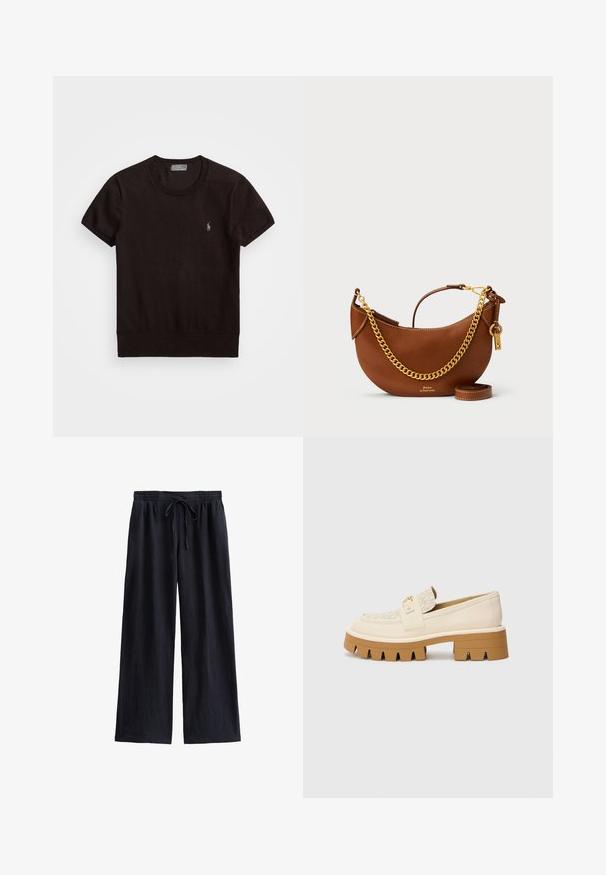 Camiseta negra de manga corta hecha de una tela suave, con un cuello redondo y un pequeño logo bordado en el lado izquierdo del pecho.; Pantalones de pierna ancha color navy, confeccionados en una tela texturizada, con una cinturilla elástica y un cordón para un ajuste ajustable.; Mocasines beige con una correa texturizada color crema, que presentan una suela marrón gruesa con patrones similares a dientes. Acento dorado en el detalle de la hebilla.; Bolso de mano de piel marrón con un diseño curvado, correa de cadena dorada, bolsillo interior y una correa de hombro desmontable. Presenta costuras en contraste.