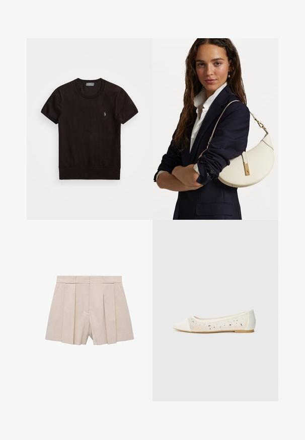 Čierne tričko s krátkymi rukávmi vyrobené z mäkkej látky, so zaobleným výstrihom a malým vyšitým logom na ľavej hrudi.; Bežové plisované šortky s prispôsobeným strihom, so zvýšeným pásom a hladkou textúrou. Štyri predné plisovanie vytvárajú objem. Bez vreciek.; Biele ploché topánky s špicatou špičkou z krémovej kože s priehľadným zvrškom posiatym kamienkami. Mäkká podrážka pre pohodlie, minimalistický dizajn.; Biely kožený kabelka s zakriveným tvarom, zlatou kovovou výbavou a textúrovaným povrchom, nosená cez tmavý blejzer a bielu košeľu.