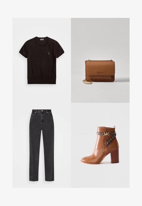 Crna majica s kratkim rukavima od mekanog materijala, s okruglim izrezom i malim izvezenim logom na lijevoj strani prsnog koša.; Crne traperice ravnih nogavica s visokim strukom, prednjim kopčanjem na dugme i patentni zatvarač, te stilom s pet džepova na bijeloj pozadini.; Smeđe kožne čizme do gležnja s blok petom, bočnom trakom koja ima zlatne studove i zlatnu kopču s "MK" logom.; Smeđa kožna torba preko tijela s teksturom, zlatnim lančićem i preklopom na zatvaranju. Na prednjoj strani nalazi se detalj s potpisom i džep ispod preklopa.