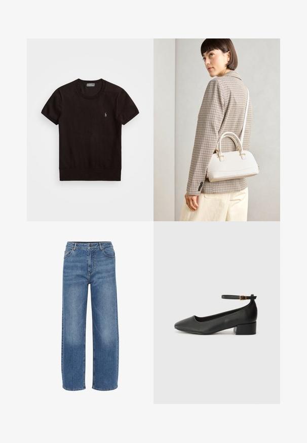 Crna majica s kratkim rukavima od mekanog materijala, s okruglim izrezom i malim izvezenim logom na lijevoj strani prsnog koša.; Svijetloplave široke traperice s visokim strukom. Imaju klasičan dizajn s pet džepova i vidljivo šivenje uz šave.; Crne kožne pumpe s oštrim vrhom i niskom blok petom. Sadrže remen oko gležnja s zlatnim kopčanjem. Glatka tekstura.; Bijela strukturna torba s kratkim ručkama i remenom za rame, s zlatnim metalnim detaljima i teksturiranim materijalom, prikazana na sivoj pozadini.