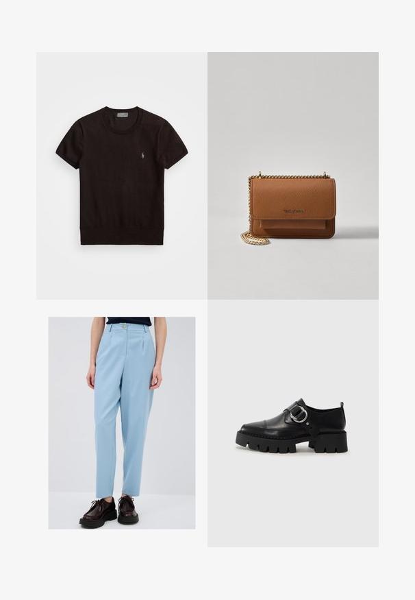 Schwarzes T-Shirt mit kurzen Ärmeln aus weichem Stoff, mit Rundhalsausschnitt und einem kleinen gestickten Logo auf der linken Brust.; Helle blaue, maßgeschneiderte Hose mit Bügelfalten, versehen mit einem Knopfverschluss und Taschen. Kombiniert mit dunklen, geschnürten Schuhen und einem dunklen Oberteil.; Schwarze Leder Schuhe mit einer dicken, gerippten Sohle, die mit einer runden silbernen Hardware-Akzent und minimalen Stickdetails ausgestattet sind.; Braune strukturierte Ledertasche mit goldener Kettenriemen und Klappenverschluss. Die Vorderseite zeigt ein Logo-Detail und eine Tasche unter der Klappe.