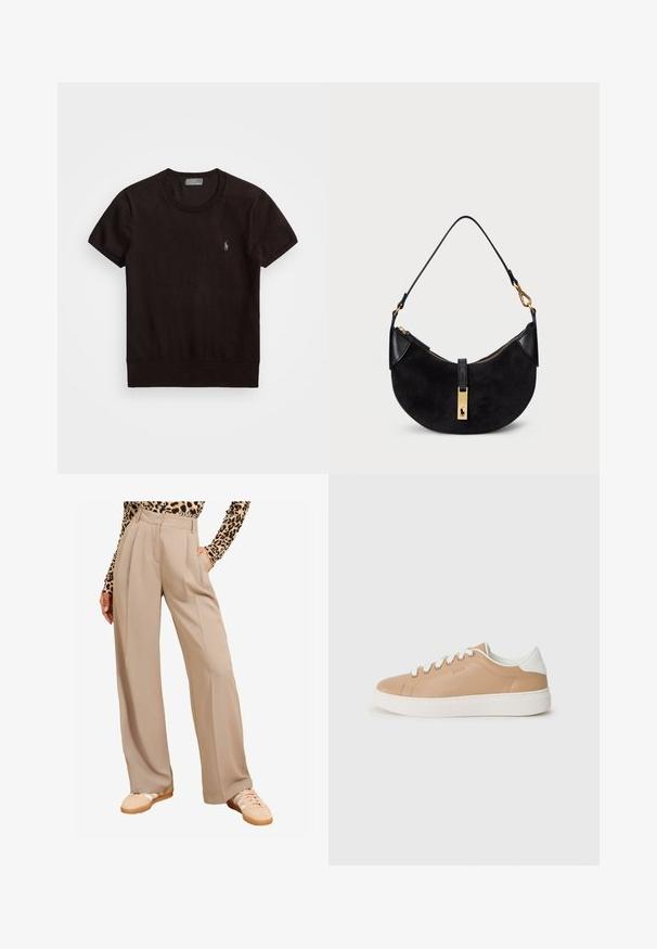 T-shirt nera a maniche corte realizzata in tessuto morbido, con scollo rotondo e un piccolo logo ricamato sul lato sinistro del petto.; Pantaloni beige a gamba ampia, con pieghe sul davanti, vita alta, tasche laterali, abbinati a sneakers di colore chiaro. Il tessuto sembra liscio e strutturato.; Sneaker in pelle beige con dettagli bianchi, punta rotonda, suola piatta e cuciture a contrasto. Chiusura con lacci con sei fori.; Borsa nera con forma curvilinea, realizzata in camoscio e pelle, con una cerniera in tonalità oro e un dettaglio del logo. Include un manico corto.