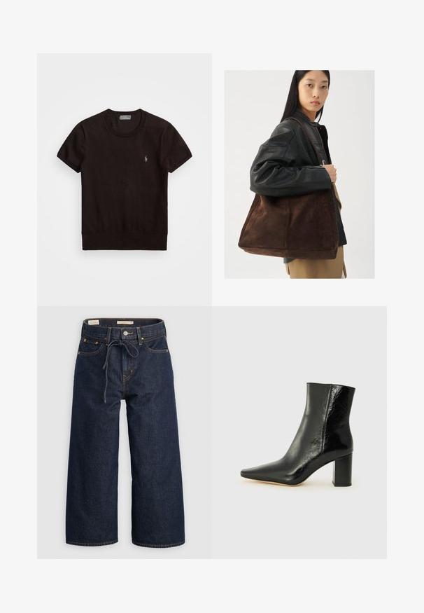 Crna majica s kratkim rukavima od mekanog materijala, s okruglim izrezom i malim izvezenim logom na lijevoj strani prsnog koša.; Tamno plave široke traperice s vezicom u struku, prednjim džepovima i kontrastnim narančastim šavovima.; Crne gležnjače od sjajne kože s uskim vrhom i masivnom, kvadratnom petom. Imaju glatku teksturu i minimalistički dizajn.; Smeđa suđena torba s širokim oblikom i mekanom teksturom, s jednim trakama i minimalnom opremom na neutralnoj pozadini.