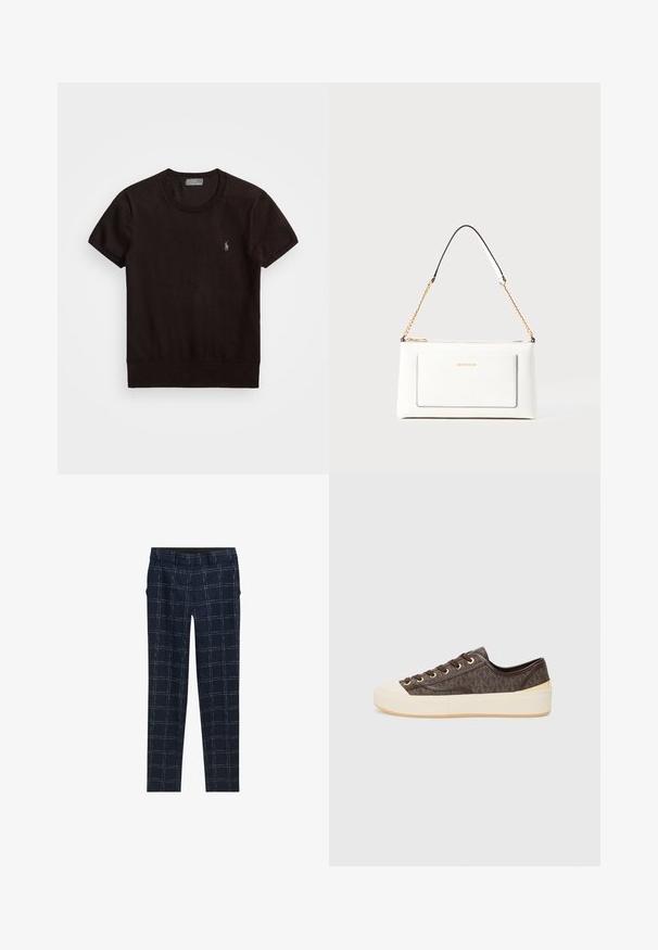 Fekete, rövid ujjú póló, puha anyagból, kerek nyakkivágással és egy apró hímzett logóval a bal mellen.; Sötétkék, slim-fit nadrág fehér ablakrács mintával, övgyűrűkkel és oldalsó zsebekkel, síkban elhelyezve egy fehér háttéren.; Barna mintás kannvas sportcipő arany fémlyukakkal, fűzős záródással, fehér gumitalppal és orrkoppal. Dombornyomott felülettel rendelkezik.; Fehér bőr kézitáska, texturált felülettel, arany lánccal és fekete részletekkel. Elülső zsebbel és cipzáros zárással rendelkezik.