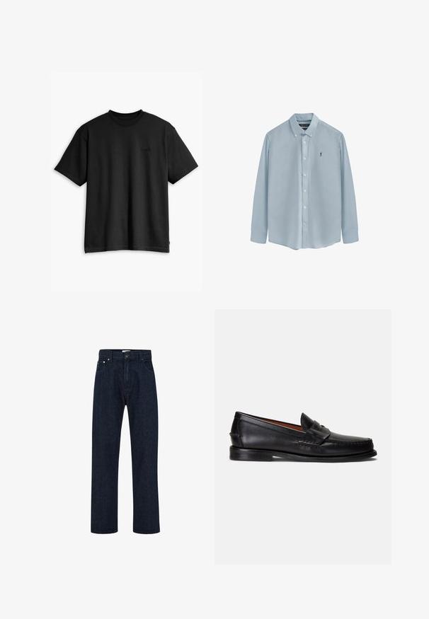 Camiseta de algodón negra con cuello redondo y mangas cortas. Presenta un sutil logotipo en la parte delantera y un dobladillo recto. Diseño simple y minimalista.; Camisa de manga larga azul claro hecha de tejido suave, con cuello abotonado, botones frontales y un pequeño logo oscuro en el lado izquierdo del pecho.; Jeans de mezclilla azul oscuro con cintura alta, perneras rectas y anchas, bolsillos frontales y cierre de botón de metal. Diseño clásico de cinco bolsillos.; Mocasines de cuero negro con acabado liso, punta redondeada y una banda decorativa en la parte superior. Presentan una suela baja negra.