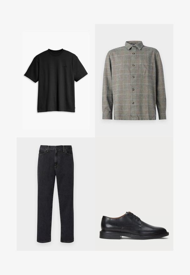 T-shirt en coton noir avec col rond et manches courtes. Doté d'un logo discret à l'avant et d'un ourlet droit. Design simple et minimaliste.; Chemise à manches longues à boutons en motif à carreaux beige et noir avec col et poche poitrine avant sur fond uni.; Jeans noirs à coupe droite avec poches avant, passants de ceinture et fermeture à boutons, présentés sur un fond blanc.; Chaussure de ville en cuir noir avec un bout rond, un laçage et un petit talon empilé. Texture lisse avec des détails de couture minimaux.