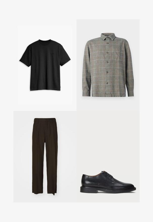 Čierne bavlnené tričko s okrúhlym výstrihom a krátkymi rukávmi. Obsahuje decentné logo na prednej strane a rovný lem. Jednoduchý a minimalistický dizajn.; Košeľa s dlhým rukávom v béžovo-čiernej kárované vzoru, s golierom a prednou náprsné kapsou na jednolatom pozadí.; Hnedé široké nohavice z textúrovanej tkaniny s vysokým pásom a prednými záhybmi. Rovné nohavice s čistými, upravenými okrajmi.; Čierne kožené spoločenské topánky s okrúhlym špičkou, šnurovacím dizajnom a nízkym zloženým podpätkom. Hladký povrch s minimálnymi švovými detailmi.
