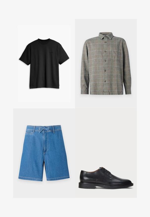 Camiseta de algodón negra con cuello redondo y mangas cortas. Presenta un sutil logotipo en la parte delantera y un dobladillo recto. Diseño simple y minimalista.; Camisa de manga larga con botones en patrón de cuadros beige y negro, con cuello y bolsillo en el pecho, sobre fondo blanco.; Shorts de mezclilla en azul claro con cintura ajustable, bolsillos frontales y costuras en contraste. Diseño clásico, corte hasta la rodilla.; Zapato de vestir de cuero negro con punta redonda, diseño con cordones y un tacón bajo apilado. Textura lisa con detalles de costura mínimos.