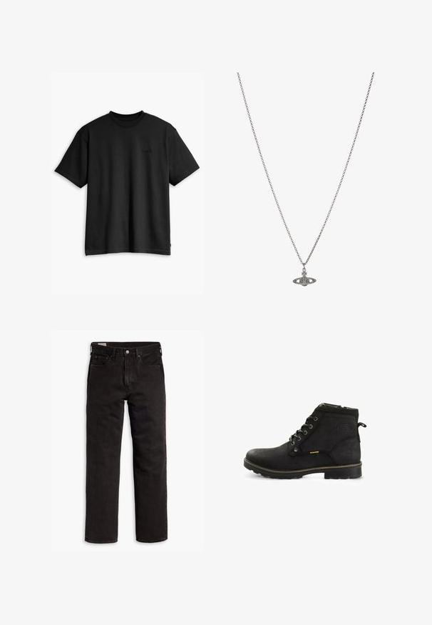 Sort bomulds T-shirt med runde halsudskæring og korte ærmer. Har et diskret frontlogo og en lige kant. Enkel og minimalistisk design.; Sorte lige bukser i denim med fem lommer, knaplukning og bæltestropper, lagt fladt ud på en hvid baggrund.; Sorte ankelstøvler med en glat lædertekstur, rund tå, seks metalhætte, gule detaljer og en robust gummisål.; Sølv kæde med en detaljeret vedhæng i form af en planet, prydet med små accenter og intrikate mønstre.