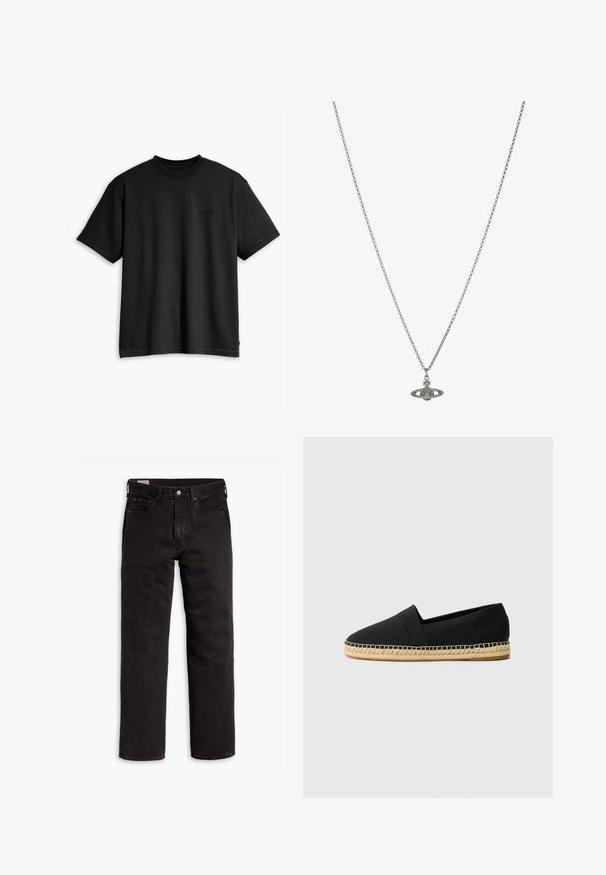 Črna bombažna majica s kratkimi rokavi in krožnim izrezom. Ima diskreten logo na sprednji strani in raven rob. Preprost in minimalističen dizajn.; Črne kavbojke ravnega kroja z žepi, gumbnim zapiranjem in zankami za pas, ležijo položene na belem ozadju.; Črne platnene espadrile z okroglimi prsti, ki imajo pleteno jutersko podplata in šivano obrobo okoli roba podplata.; Srebrna verižica z obeskom v obliki planeta, okrašena z majhnimi detajli in zapletenimi vzorci.